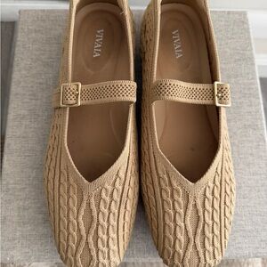 VIVAIA Women's Beige Knit Mary Jane Flats